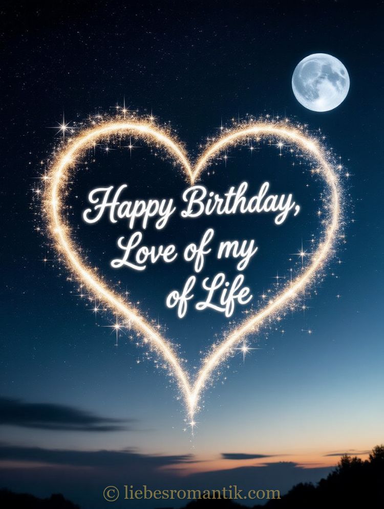 Leuchtendes Funkenherz im Nachthimmel mit Schrift „Happy Birthday, Love of my Life“ und Vollmond