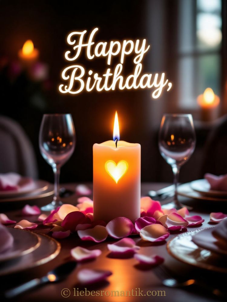 Geburtstagskerze mit Herz, Rosenblätter und Weingläser auf festlich gedecktem Tisch, „Happy Birthday“-Schrift.