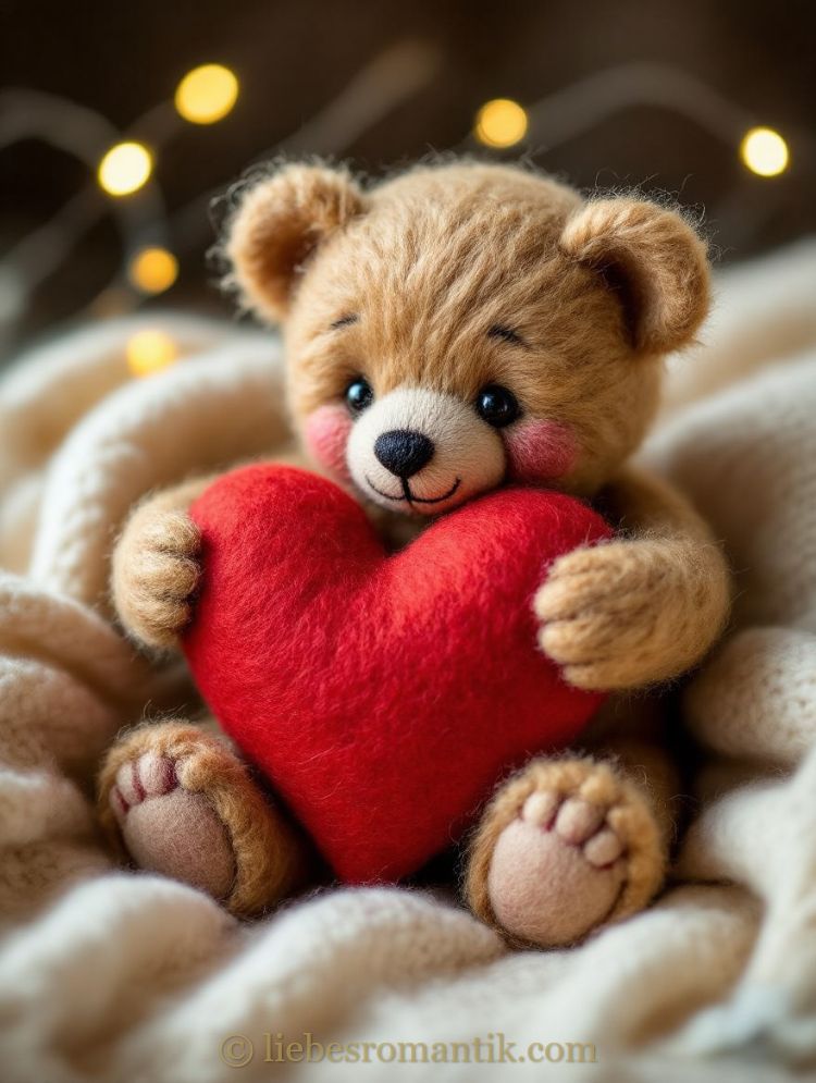 Flauschiger Teddybär hält rotes Herz, liegt auf cremefarbener Decke, warmes Licht im Hintergrund.