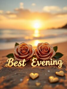 Zwei goldene Rosen auf Sand vor Sonnenuntergang, „Best Evening“ mit Glitzerbuchstaben.