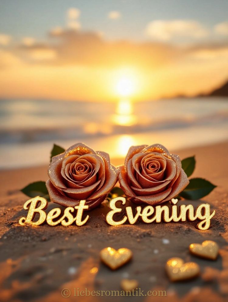 Zwei goldene Rosen auf Sand vor Sonnenuntergang, „Best Evening“ mit Glitzerbuchstaben.