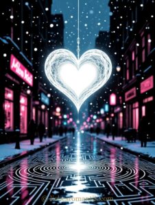Herzförmiges Leuchten über schneebedeckter Straße mit spiralförmigen Lichtmustern und verschwommenen Passanten.
