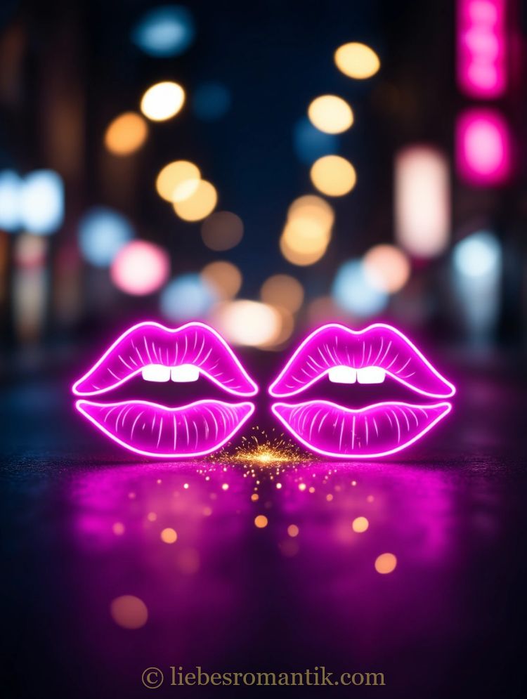 Neonfarbene Lippenpaare im Vordergrund, unscharfe Stadtbeleuchtung im Hintergrund.