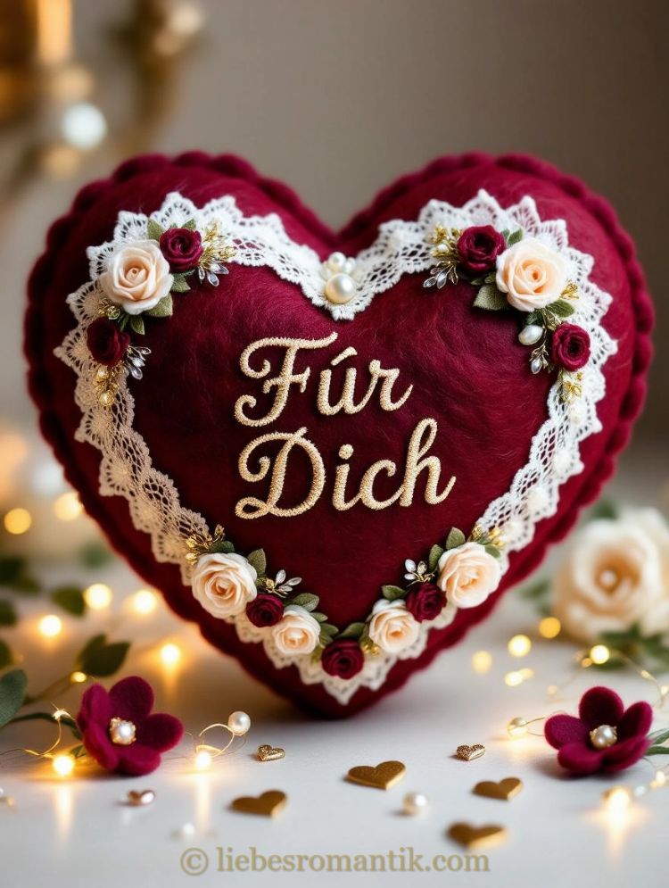 Filzherz mit weißer Spitze, Blumen und Lichterketten, Aufschrift „Für Dich“.