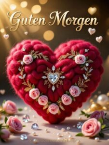 Gestricktes Herz mit Rosen, Blättern und Diamant, goldgelber Hintergrund mit Licht.