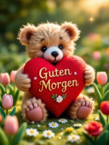 Flauschiger Bär hält „Guten Morgen“-Herz unter blühenden Tulpen.