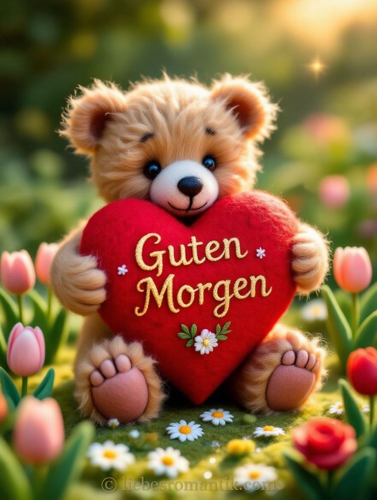 Flauschiger Bär hält „Guten Morgen“-Herz unter blühenden Tulpen.