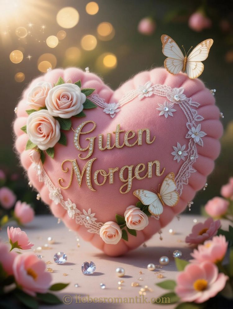 Herzförmiges Kissen mit „Guten Morgen“, goldene Schrift, Blumen und Glitzer.