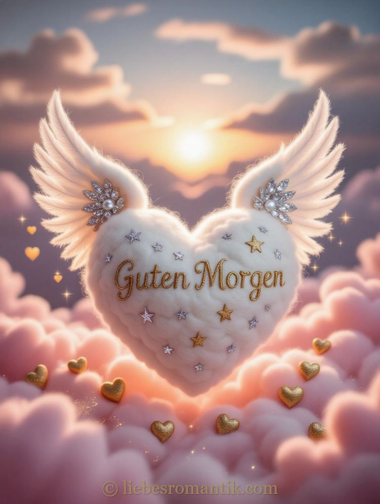 Flauschiges Herz mit Flügeln schwebt über rosa Wolken, umgeben von goldenen Sternen und kleinen Herzen.