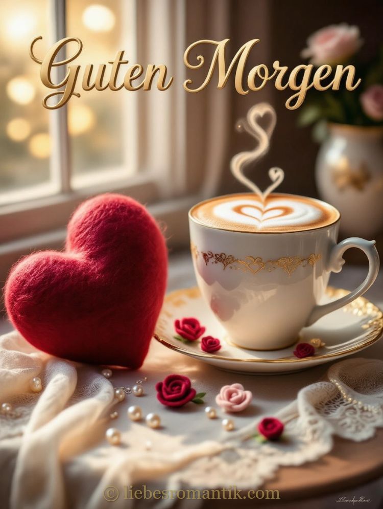 Weißer Kaffeebecher mit Herz-Milchschaum, rotes Filzherz, Rosen und Perlen auf Spitzenstoff.