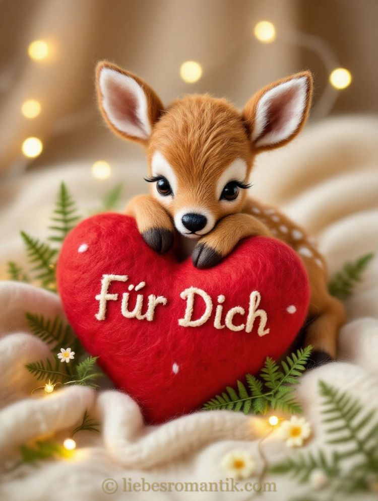Flauschiges Hirschkälbchen kuschelt auf rotem Herz mit Aufschrift „Für Dich“, umrahmt von grünen Farnblättern und warmen Lichtern.