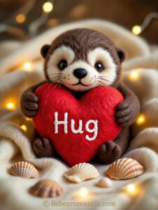 Plüschotter hält Herz mit „Hug“, liegt auf cremefarbener Decke mit Muscheln.