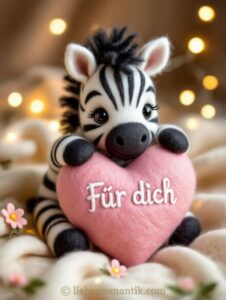 Plüschzebra hält rosa Herz mit Aufschrift „Für dich“, warme Lichter und Blumen im Hintergrund