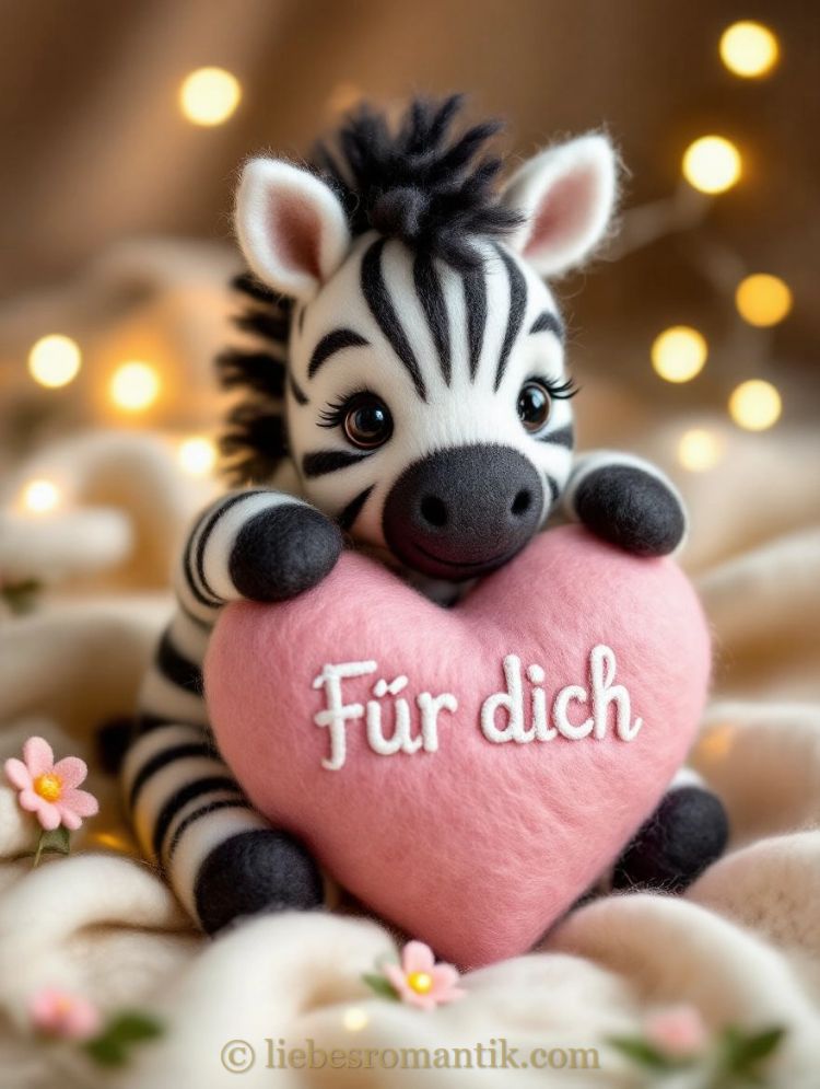 Plüschzebra hält rosa Herz mit Aufschrift „Für dich“, warme Lichter und Blumen im Hintergrund