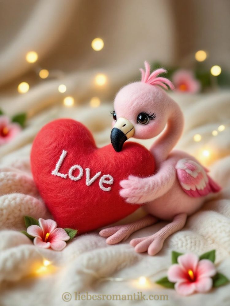 Rosafarbener Flamingo umarmt ein rotes Herz mit „Love“, romantisch beleuchtet, Blumen im Hintergrund.