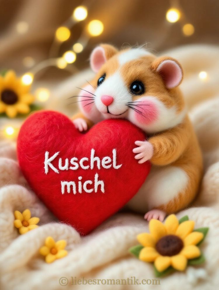 Hamster hält Herz mit „Kuschel mich“, warme Lichter und Sonnenblumen im Hintergrund