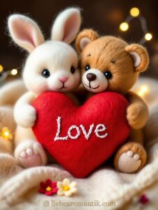 Kaninchen und Bär umarmen ein Herz mit „Love“, warme Lichterketten im Hintergrund.