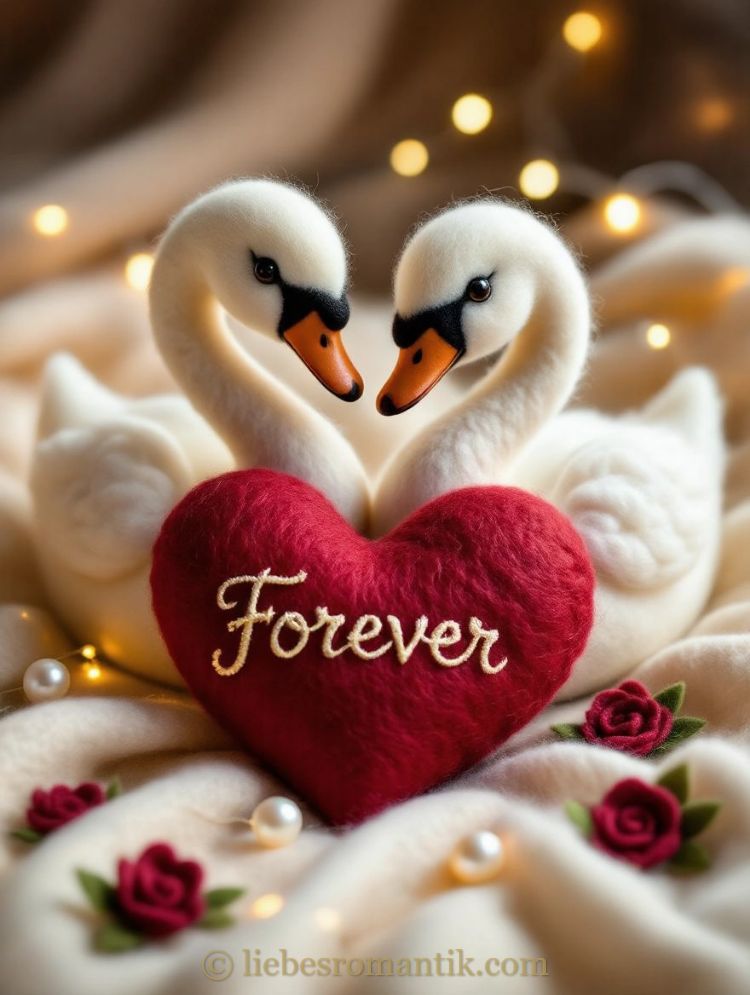 Zwei weiße Schwanenfiguren blicken sich zärtlich an und formen ein Herz. Dazwischen liegt ein rotes Filzherz mit „Forever“ und Rosen.