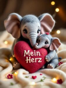 Zwei Elefanten umarmen ein rotes Herz mit Aufschrift „Mein Herz“ in romantischer Beleuchtung.