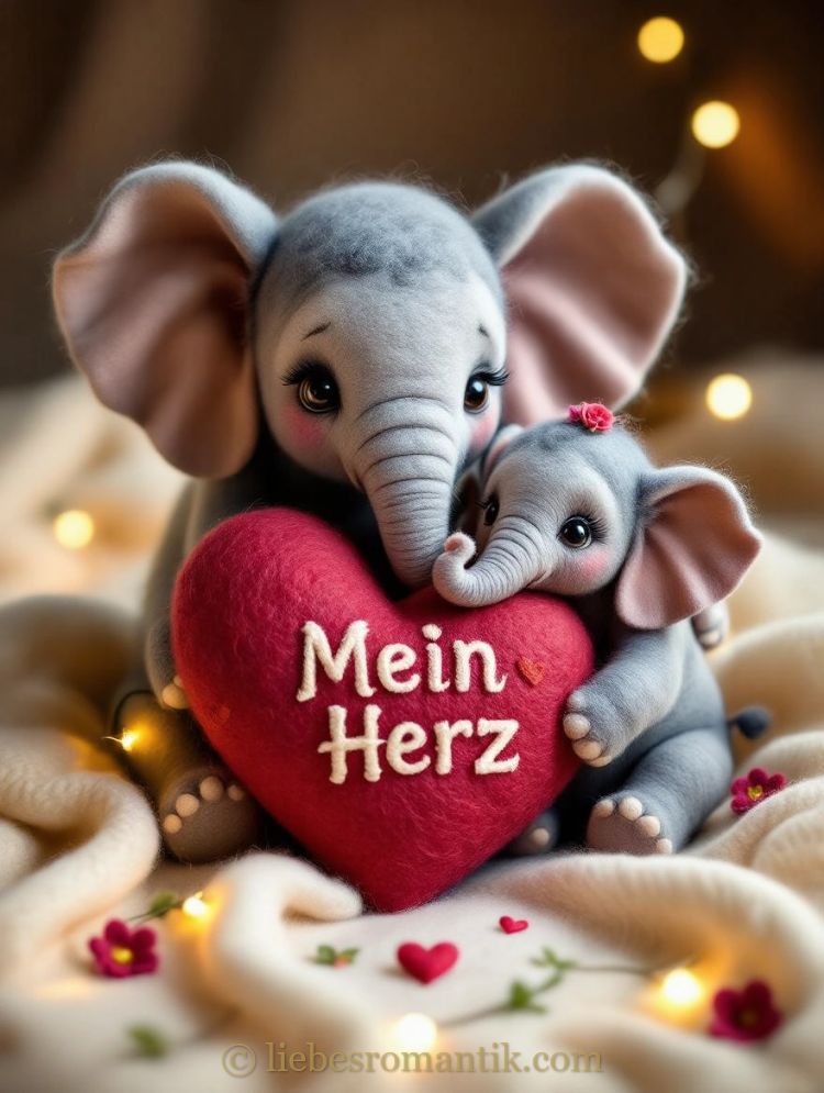 Zwei Elefanten umarmen ein rotes Herz mit Aufschrift „Mein Herz“ in romantischer Beleuchtung.