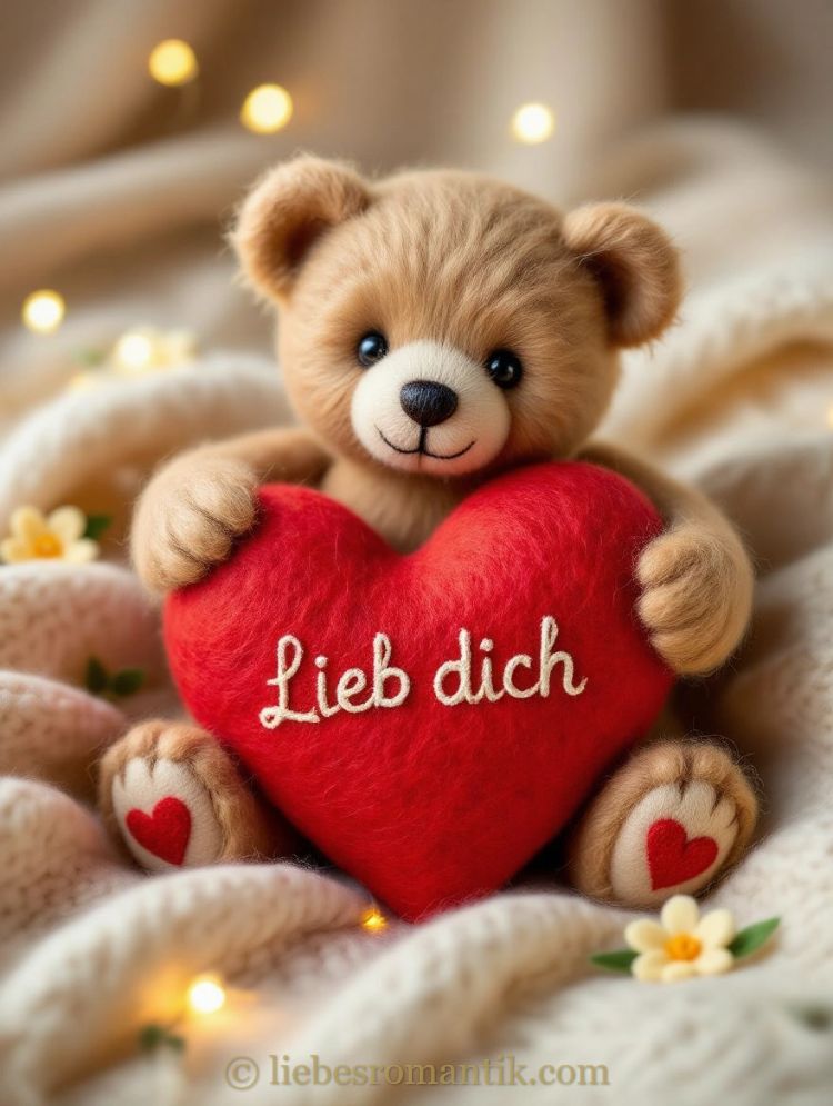 Brauner Teddybär hält rotes Herz mit „Lieb dich“ auf hellen Hintergrund mit Blumen und Lichtern.