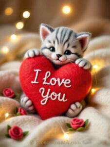 Kleines gestreiftes Kätzchen hält rotes Herz mit Aufschrift „I Love You“, umgeben von Rosen und warmen Lichtern.