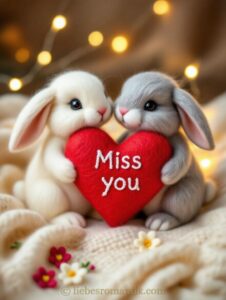 Zwei Kaninchen, weiß und grau, halten ein Herz mit der Aufschrift „Miss you“ vor warmen Lichtern.