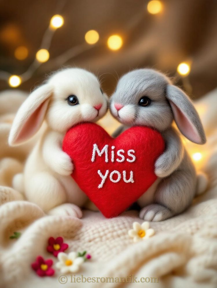 Zwei Kaninchen, weiß und grau, halten ein Herz mit der Aufschrift „Miss you“ vor warmen Lichtern.