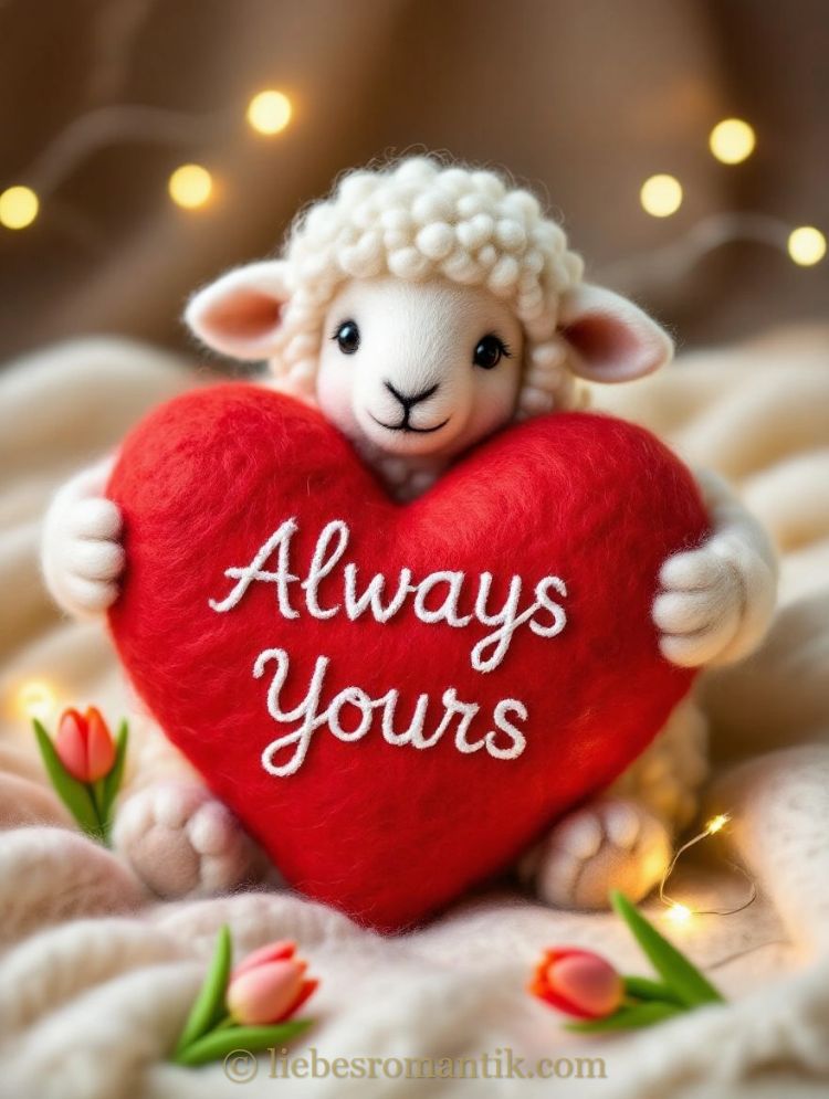 Flauschiges Schaf hält rotes Herz „Always Yours“, umgeben von Tulpen und Lichterketten.
